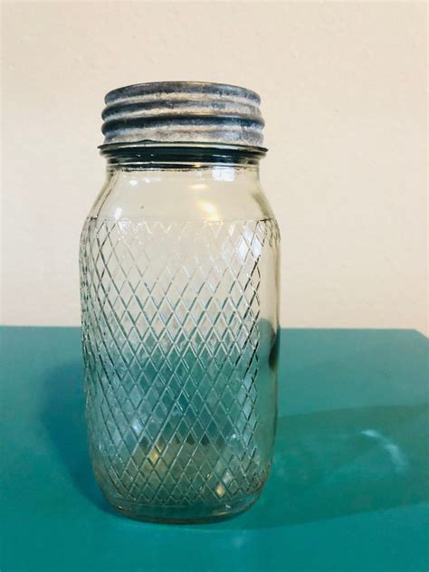 Vintage Antique Ball Canning Glass Jar With Zinc And Porcelain Lid Diamond Pattern Waffle