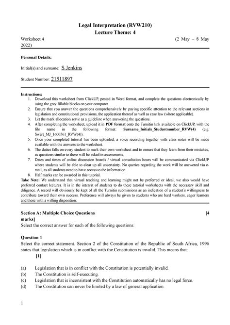 RVW 210 TUTORIAL WORKSHEET 4 FOR RVW 210 Legal Interpretation RVW210