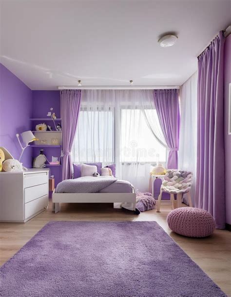 Interior Purple Kids Cute Bedroom With Furniture And Carpet Floor Stock