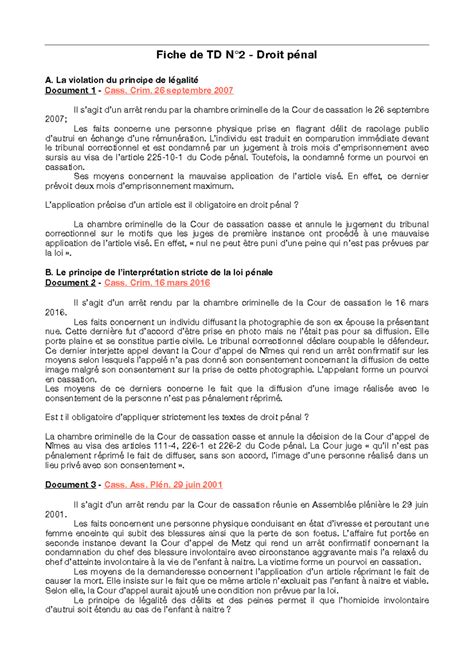 Fiche TD 2 DP jsp Fiche de TD N2 Droit pénal A La violation