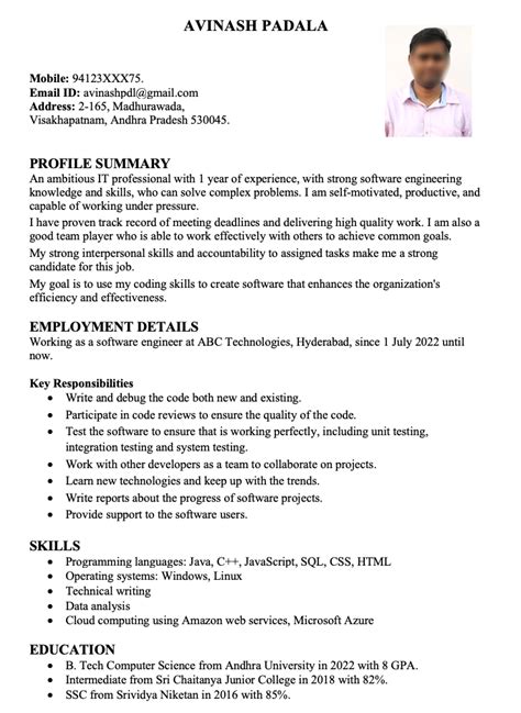 One Year Experience Resume Examples Word Format