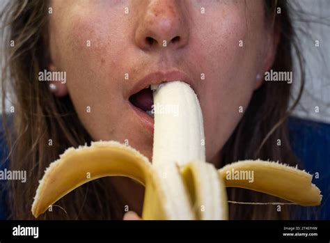 Woman Eats Food Woman Eats Banana Close Shot Of Girl Eating Bananas