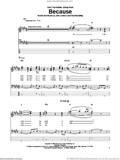 Beatles Because Sheet Music For Bass Tablature Bass Guitar