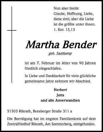 Traueranzeigen Von Martha Bender WirTrauern