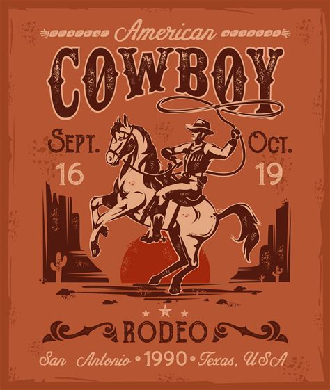 Rodeo Poster With A Cowboy Sitting On Rearing Horse In Retro Style