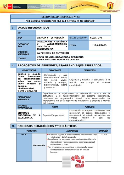 Sesión de Aprendizaje 02 sistema circulatorio Terminada SESIÓN DE