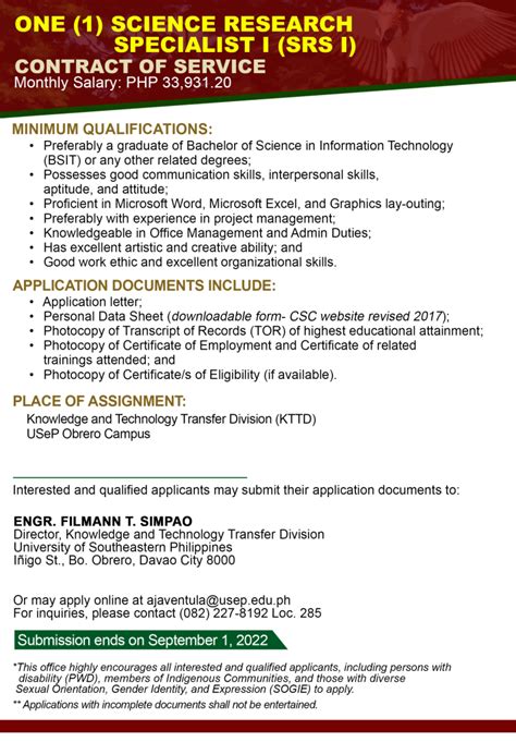 USeP Job Hiring USeP Is In Need Of Two 2 Non Teaching Personnel For