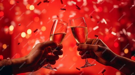 Premium Photo Vivid Festivity Clinking Champagne Glasses On A Red Background