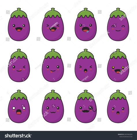 Eggplant Cartoon Different Facial Expressions Isolated Stock Vector