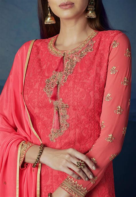 Buy Embroidered Georgette Pakistani Suit In Coral Pink Online KJR270