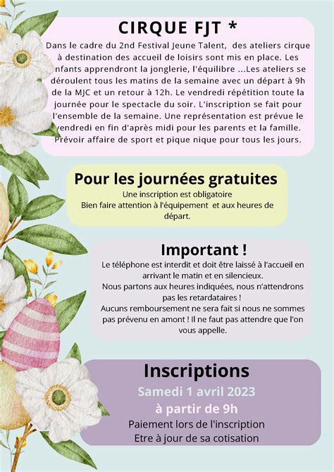 Programme Alsh Vacances Printemps Ans Mjc Des Fleurs Saragosse