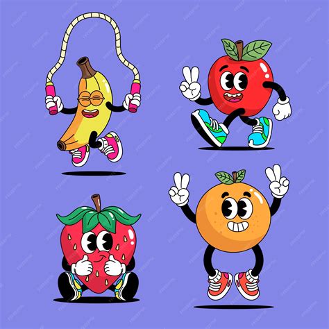 Premium Vector Hand Drawn Retro Cartoon Fruit Set Illustration