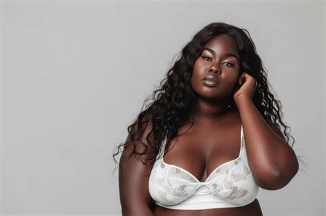 Confident Plussize African Model Posing In White Lingerie On A Gray