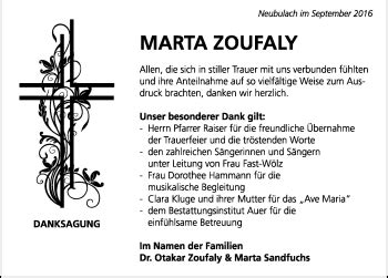 Traueranzeigen von Marta Zoufaly Schwarzwälder Bote Trauer