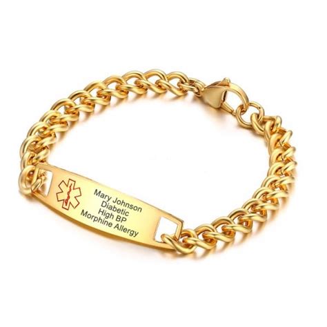 Womens Gold Chain Link Medical Id Bracelet Custom Engraved Jewelry