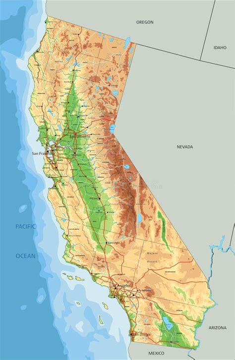 Mappa Fisica Dettagliata In California Con Etichettatura Illustrazione