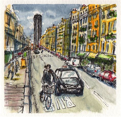 Rushing Through Montparnasse Doodlewash® Urban Sketchers Watercolor Sketch France