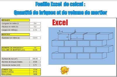 Feuille Excel de Calcul Quantité de briques et de volume De Mortier