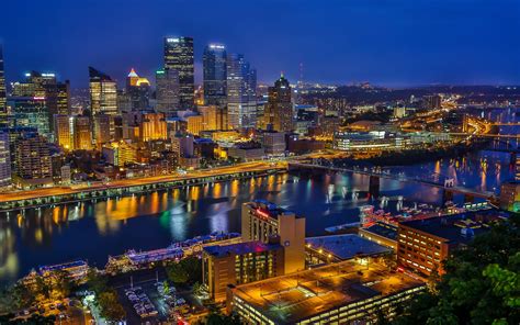 Wallpaper Golden Triangle, Monongahela river, bridge, night, lights ...