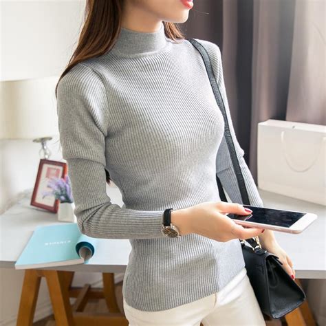 Women Korean Casual Knitted Sweater Turtle Neck Long Sleeve T Shirt