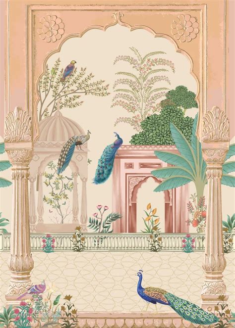 Mughal Garden Pattern Pfau Wallpaper Berg Illustration Indische