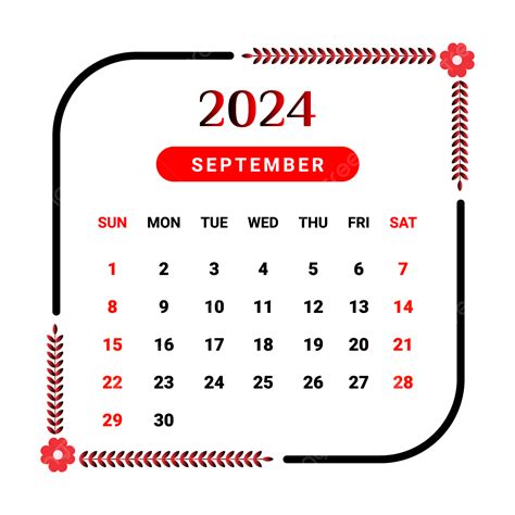 Calendário Do Mês De Setembro De 2024 Design Floral Preto E