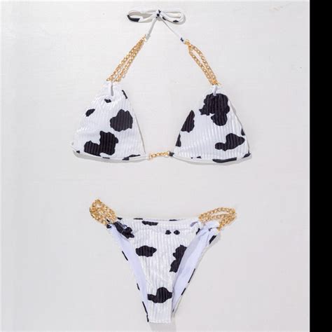 Cow Print Bikini Set Chain Straps Patchwork Halter V Neck Etsy