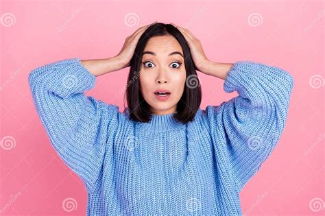 Photo Of Shocked Person Arms Touch Head Staring Cant Believe On Pink Color Background Stock