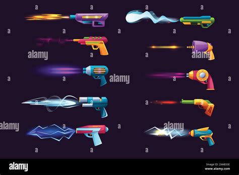 Futuristic shooting blasters. Laser guns, alien weapons with glowing strike effects, lightning ...