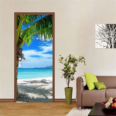 Hskaba Sticker Porte Poster Trompe L Oeil Plage Ensoleill E Avec