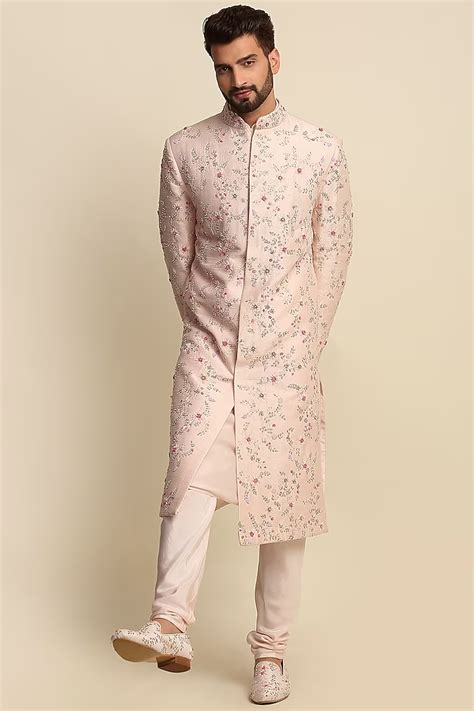 Buy Priyanka Jain Men Pink Raw Silk And Habutai Silk Crepe Embroidered