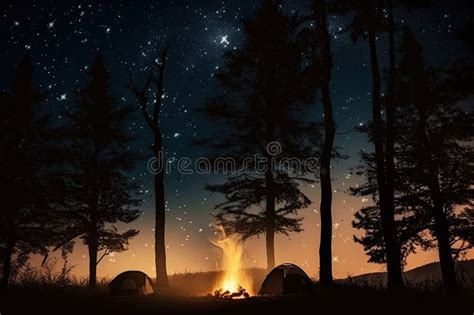 Campfire Surrounded By Silhouettes Of Trees Decorated With Sparkles Of