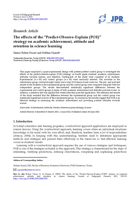 The effects of the predict observe explain poe strategy on academic