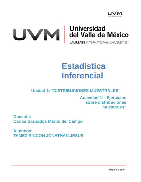 Actividad 1 “ejercicios Sobre Distribuciones Muéstrales” Estadística Inferencial Unidad 1