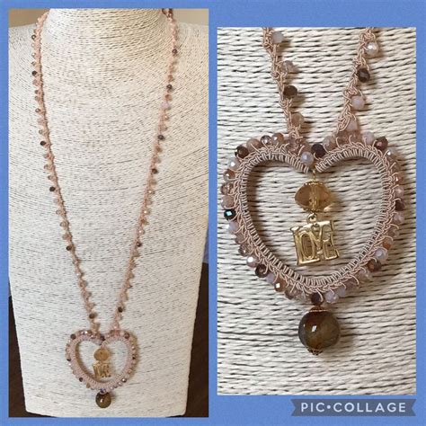 Collana Lavorazione Ad Uncinetto E Cristalli Cuore Toni Beige Marrone