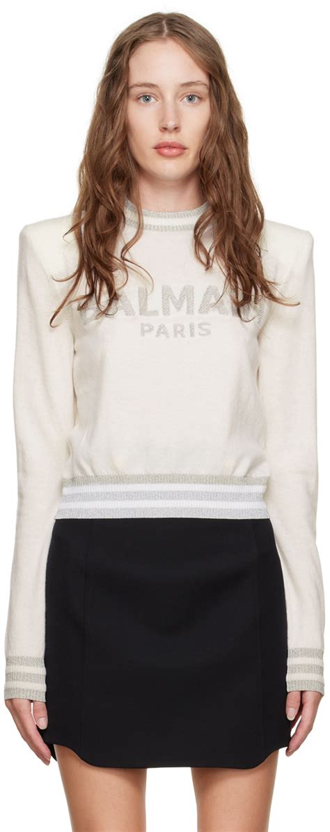 Pull blanc cassé à rayures Balmain en solde