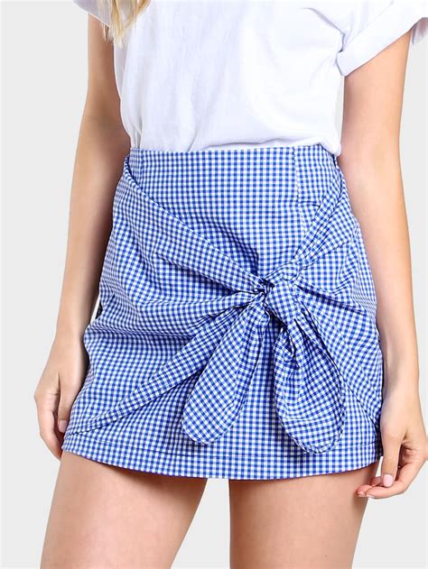 Overlap Tie Front Gingham Skirt Shein Sheinside