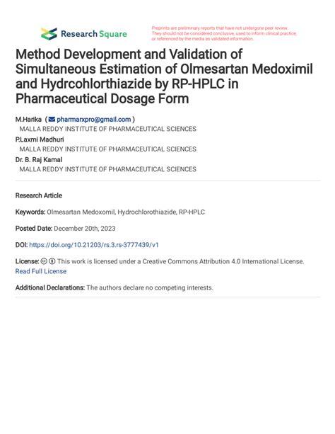 Pdf Method Development And Validation Of Simultaneous Estimation Of Olmesartan Medoximil And