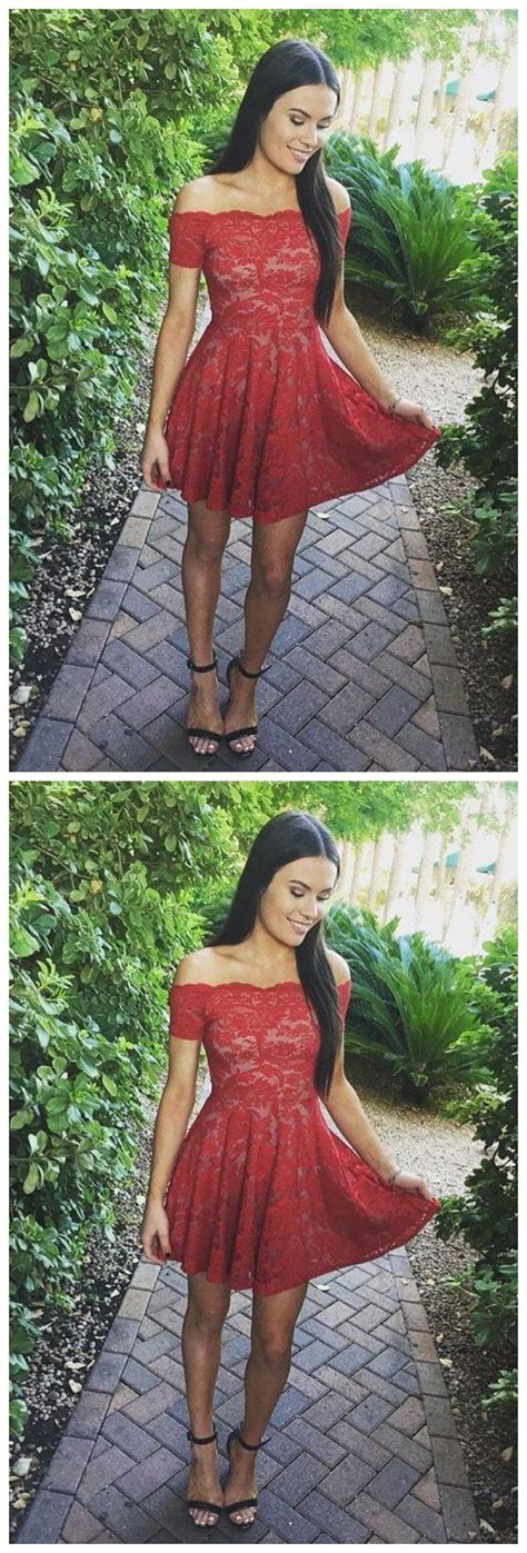 Off Shoulder Red Lace Simple Cheap Short Homecoming Dresses Cm