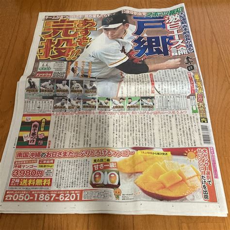 【やや傷や汚れあり】スポーツ報知 報知新聞 令和5年06月06日 巨人 ジャイアンツ 戸郷翔征 秋広優人 報知大懸賞 とにかく明るい安村 藤井