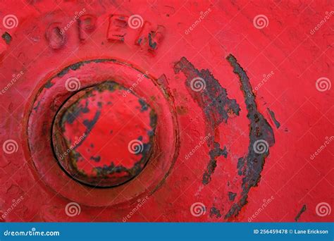 Top Of Red Fire Hydrant With Word Open By Bolt Valve Stock Photo