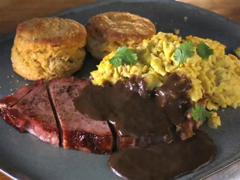 Scrambled Eggs With Sweet Potato Biscuits Ham Steak And Red Eye Gravy