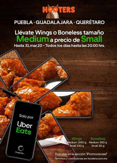 Promoción Uber Eats Hooters Alitas y boneless medianas a precio de