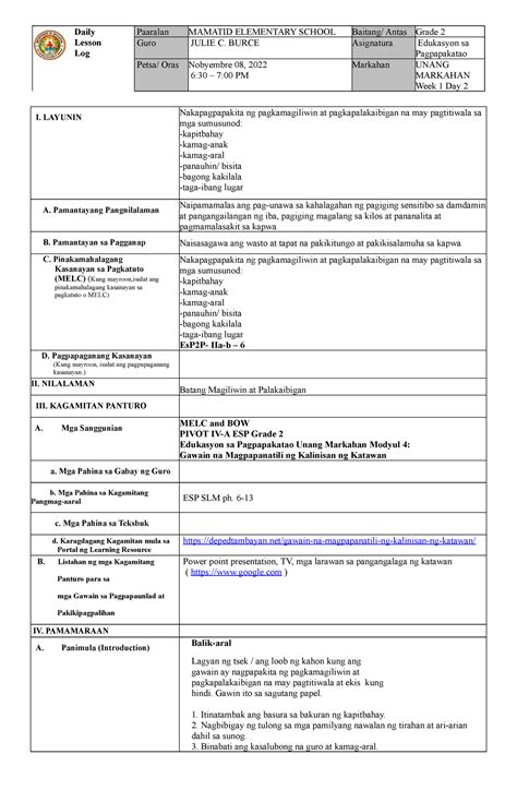Daily Lesson Log ESP Q2 WEEK 1 DAY 2 Daily Lesson Log Paaralan