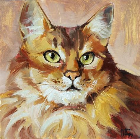 Original Oil Painting Somali Cat Impressionism Pet Ginger Cat 5x5