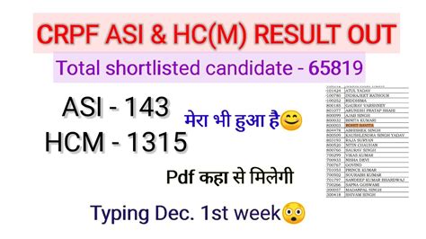 Crpf Asi Hcm Result Out Cutoff Marks Typing Date Out