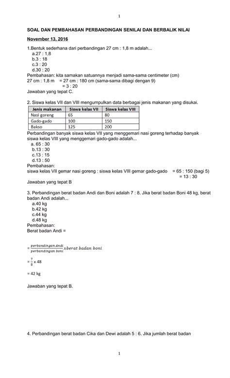 Soal Dan Pembahasan Perbandingan Senilai Dan Berbalik Nilai Pdf