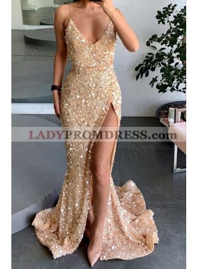 Sheath Sequins Spaghetti Straps Sleeveless Sweep Train Prom Dresses