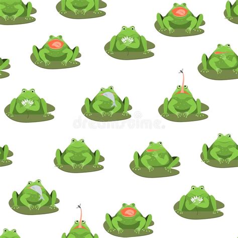 Cartoon Cute Green Frogs Characters Seamless Pattern Background Vector