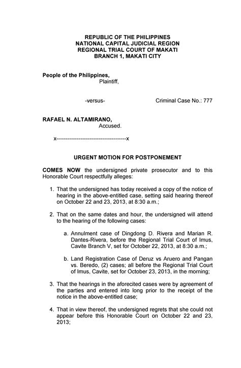 177173588 Motion For Postponement REPUBLIC OF THE PHILIPPINES